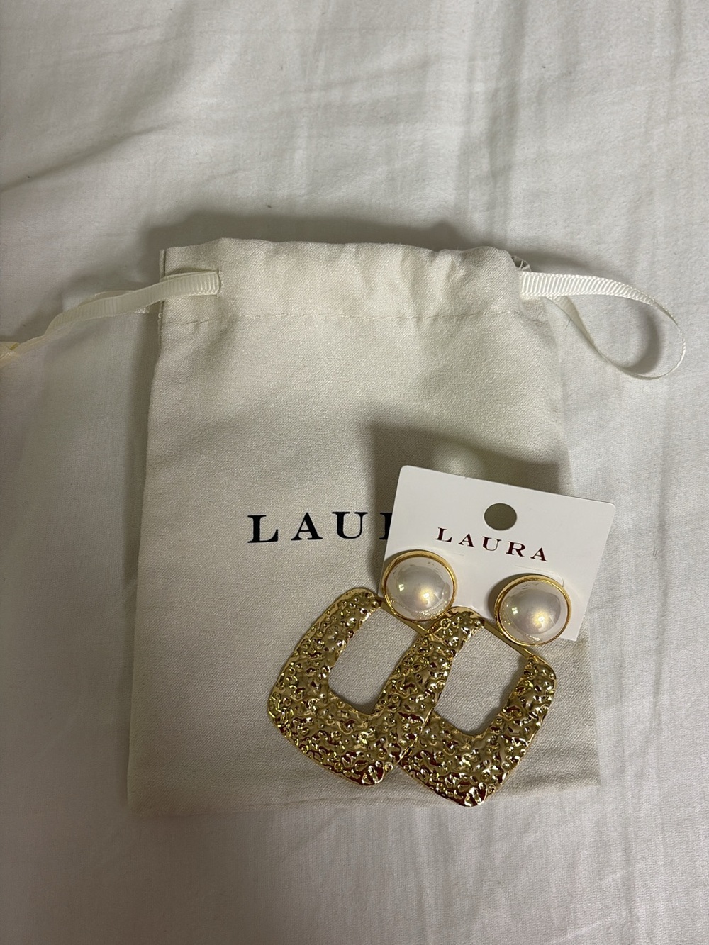 LAURA Gold Textured Open-Square Drop Earrings with Pearl Tops
